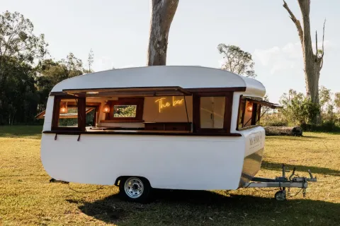 Ma Hunni, a restored vintage caravan available for wedding and event hire on the Sunshine Coast and SEQ.